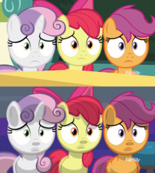 Size: 1751x1961 | Tagged: safe, screencap, apple bloom, scootaloo, sweetie belle, earth pony, pegasus, pony, unicorn, g4, marks for effort, comparison, cutie mark crusaders, female, filly
