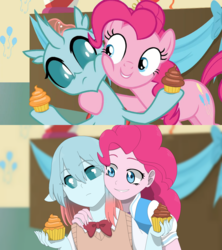 Size: 1984x2232 | Tagged: safe, artist:fantasygerard2000, edit, edited screencap, screencap, ocellus, pinkie pie, changedling, changeling, equestria girls, g4, marks for effort, cheek squish, clothes, comparison, cupcake, dessert, draw this again, duo, duo female, equestria girls interpretation, equestria girls-ified, female, food, scene interpretation, squishy cheeks, sweater vest