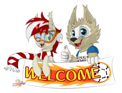 Size: 1024x781 | Tagged: safe, artist:unisoleil, oc, oc:red-white flash, bat pony, wolf, banner, clothes, female, football, goggles, mare, one eye closed, scarf, simple background, transparent background, wink, world cup, world cup 2018, zabivaka