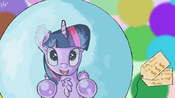 Size: 2560x1440 | Tagged: safe, artist:fedairkid, twilight sparkle, alicorn, pony, g4, bubble, chest fluff, in bubble, price tag, twilight sparkle (alicorn), underhoof