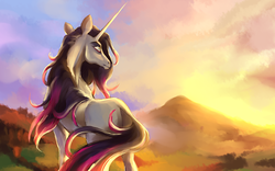 Size: 3375x2111 | Tagged: safe, artist:tuherrus, oleander (tfh), classical unicorn, pony, unicorn, them's fightin' herds, community related, female, high res, horn, leonine tail, scenery, solo, sunrise