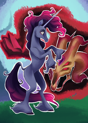 Size: 2479x3457 | Tagged: safe, artist:tuherrus, fhtng th§ ¿nsp§kbl, oleander (tfh), classical unicorn, pony, unicorn, them's fightin' herds, cloven hooves, community related, high res, horn, leonine tail, looking at you, rearing, unicornomicon, unshorn fetlocks