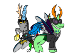 Size: 2048x1536 | Tagged: artist needed, safe, discord, thorax, changedling, changeling, g4, 1000 hours in ms paint, aviator goggles, bomber crew, duo, franz and fritz blitzer, king thorax, simple background, transparent background