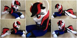 Size: 2000x1000 | Tagged: safe, artist:burgunzik, oc, oc:blackjack, pony, unicorn, fallout equestria, clothes, cuffs, fanfic, female, hooves, horn, irl, jumpsuit, lying down, mare, photo, pipbuck, plushie, police baton, prone, solo, vault suit