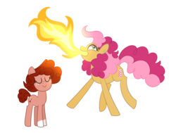 Size: 1024x776 | Tagged: safe, artist:ashidaii, oc, oc only, oc:paprika, oc:silly string, earth pony, pony, female, fire, fire breath, mare, offspring, parent:cheese sandwich, parent:pinkie pie, parents:cheesepie, simple background, transparent background