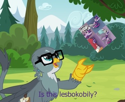 Size: 1200x978 | Tagged: safe, artist:sharpy, gabby, twilight sparkle, oc, oc:badluck dice, griffon, g4, canon x oc, image macro, implied lesbian, implied shipping, is this a pigeon, loss (meme), meme, prpg, russian meme, transliteration