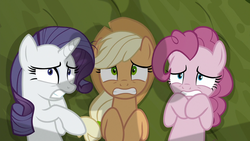Size: 1280x720 | Tagged: safe, screencap, mean applejack, mean pinkie pie, mean rarity, g4, the mean 6, clone, female, scared, shadow
