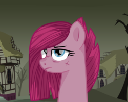 Size: 2500x2000 | Tagged: safe, artist:sodadoodle, pinkie pie, earth pony, pony, g4, alternate hairstyle, alternate timeline, apinkalypse pie, apocalypse, bags under eyes, blind eye, blue eyes, crystal war timeline, dystopia, female, frown, high res, looking at you, mare, pinkamena diane pie, scar, solo