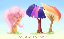Size: 3500x2142 | Tagged: safe, artist:sea-maas, fluttershy, rainbow dash, twilight sparkle, g4, over a barrel, dendrification, fluttertree, grass, high res, i'd like to be a tree, no pony, parody, puns in the comments, role reversal, simple background, species swap, text, tree, wat