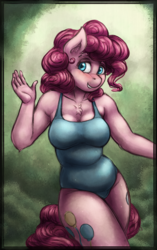 Size: 1254x2000 | Tagged: safe, artist:bantha, artist:chromaskunk, edit, pinkie pie, earth pony, anthro, g4, both cutie marks, breasts, chest fluff, chubby, clothes, colored, curvy, cute, female, one-piece swimsuit, plump, solo, swimsuit