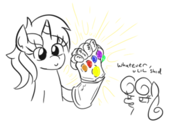 Size: 620x452 | Tagged: safe, artist:jargon scott, bon bon, lyra heartstrings, sweetie drops, earth pony, pony, unicorn, g4, avengers: infinity war, bust, dialogue, female, implied vulgar, infinity gauntlet, infinity stones, l.u.l.s., mare, monochrome, partial color, simple background, this will end in death, white background, xk-class end-of-the-world scenario