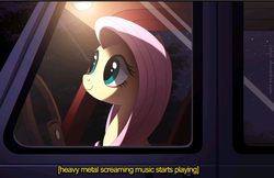 Size: 810x524 | Tagged: safe, artist:ruhje, edit, fluttershy, pony, g4, cropped, descriptive noise, female, heavy metal, mare, meme, metal, metalshy, monsters university, reference, smiling, solo
