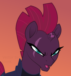 Size: 1018x1086 | Tagged: safe, artist:unnk, tempest shadow, pony, unicorn, my little pony: the movie, broken horn, eye scar, female, mare, narrowed eyes, open mouth, orange background, scar, simple background, solo, vector