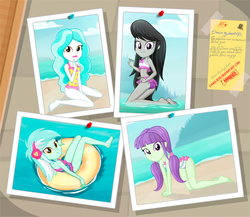 Size: 1177x1021 | Tagged: safe, artist:charliexe, lyra heartstrings, octavia melody, paisley, starlight, equestria girls, g4, my little pony equestria girls: better together, barefoot, clothes, feet, lyra heartstrings swimsuit, pinboard, sexy, show accurate, skirt, swimsuit, upskirt