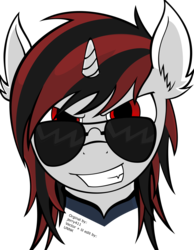 Size: 2758x3555 | Tagged: safe, artist:jerry411, artist:unnk, oc, oc only, oc:blackjack, pony, unicorn, fallout equestria, fallout equestria: project horizons, bust, clothes, deal with it, fanfic art, grin, simple background, smiling, solo, sunglasses, transparent background, vector