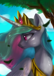 Size: 2894x4093 | Tagged: safe, artist:oofycolorful, princess celestia, alicorn, pony, g4, crying, female, leaves, solo, teary eyes, tree