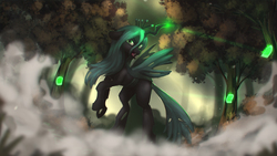 Size: 4000x2250 | Tagged: safe, artist:blackligerth, queen chrysalis, changeling, changeling queen, g4, the mean 6, everfree forest, female, forest, former queen chrysalis, magic, solo, tree