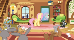 Size: 703x386 | Tagged: safe, screencap, fluttershy, ferret, mouse, pegasus, pony, rabbit, skunk, squirrel, g4, putting your hoof down, season 2, animal, butt, female, fluttershy's cottage, mare, mirror, plot, window