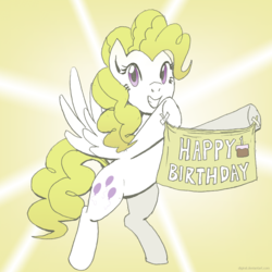 Size: 1388x1388 | Tagged: safe, artist:digiral, surprise, pony, g1, banner, female, happy, solo