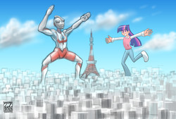 Size: 3496x2362 | Tagged: safe, artist:zenzmurfy, twilight sparkle, human, g4, city, clothes, crossover, duo, giantess, high res, humanized, looking at you, macro, pants, smiling, ultraman, wat