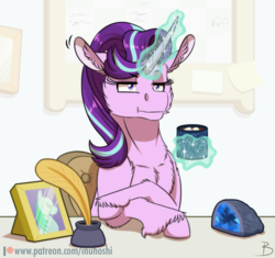 Size: 1024x962 | Tagged: safe, artist:inuhoshi-to-darkpen, starlight glimmer, pony, unicorn, g4, marks for effort, season 8, chocolate, crossed hooves, cup, ear flick, empathy cocoa, eyebrows, eyebrows visible through hair, female, food, geode, glowing horn, guidance counselor, horn, hot chocolate, i mean i see, magic, magic aura, mare, marshmallow, scene interpretation, solo, starlight's office, telekinesis, unshorn fetlocks
