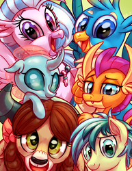 Size: 2550x3300 | Tagged: safe, artist:whitediamonds, gallus, ocellus, sandbar, silverstream, smolder, yona, changedling, changeling, dragon, earth pony, griffon, hippogriff, pony, yak, g4, school daze, season 8, bow, cute, diaocelles, diastreamies, dragoness, female, gallabetes, group photo, hair bow, high res, jewelry, looking at you, male, necklace, sandabetes, smiling, smolderbetes, student six, sweet dreams fuel, teenager, yonadorable