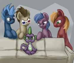 Size: 1249x1080 | Tagged: safe, artist:sharpy, big macintosh, doctor whooves, spike, time turner, dragon, earth pony, pony, g4, 3d glasses, :3, and then spike was gay, couch, doctorspike, imminent sex, implied gay, male, meme, piper perri surrounded, ship:spikentosh, shipping, spike gets all the stallions