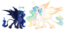 Size: 2280x1052 | Tagged: safe, artist:hioshiru, princess celestia, princess luna, alicorn, bat pony, bat pony alicorn, pony, g4, :o, alternate design, bat wings, cheek fluff, chest fluff, colored hooves, colored wings, colored wingtips, concave belly, constellation, constellation hair, countershading, cute, cutelestia, duo, ear fluff, ethereal mane, female, fluffy, height difference, hybrid wings, leg fluff, leonine tail, lidded eyes, long mane, looking at you, mare, messy mane, missing accessory, open mouth, raised hoof, redesign, royal sisters, simple background, sisters, slender, slit pupils, smiling, spread wings, starry mane, starry wings, thin, unshorn fetlocks, white background, wing fluff, wings