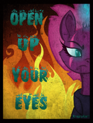 Size: 960x1280 | Tagged: safe, artist:krazykari, tempest shadow, pony, unicorn, g4, broken horn, eye scar, female, fire, horn, mare, open up your eyes, scar, solo, sparking horn