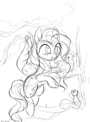 Size: 1110x1505 | Tagged: safe, artist:aureai-sketches, fluttershy, bird, pegasus, pony, squirrel, worm, g4, female, floating, forest, happy, mare, monochrome, mouth hold, sketch, smiling, tree, tree branch, wip