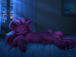 Size: 1200x900 | Tagged: safe, artist:scheadar, princess celestia, oc, oc only, pony, unicorn, g4, bed, commission, eyes closed, female, indoors, lying down, lying on bed, mare, night, on bed, pillow, sleeping, solo, tail, window, ych result