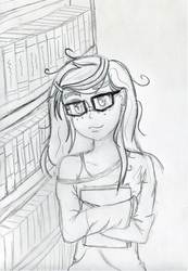 Size: 1909x2754 | Tagged: safe, artist:applety, moondancer, human, fanfic:shadows cast over the sunset, equestria girls, g4, book, bookshelf, clothes, exposed shoulders, female, freckles, glasses, oversized clothes, oversized shirt, shirt, solo, traditional art