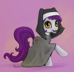 Size: 471x456 | Tagged: safe, artist:turonie, oc, oc only, earth pony, pony, cloak, clothes, cross, earth pony oc, female, gradient background, mare, nun, raised hoof