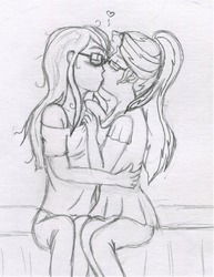 Size: 2000x2588 | Tagged: safe, artist:applety, moondancer, sunset shimmer, fanfic:shadows cast over the sunset, equestria girls, g4, alternate universe, female, glasses, heart, high res, human sunset, kissing, lesbian, ship:moonset, shipping, traditional art