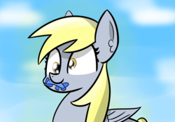 Size: 2855x1986 | Tagged: safe, artist:artiks, derpy hooves, fish, pegasus, pony, g4, dead, female, mare, mouth hold, simple background, solo, x eyes