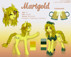 Size: 1250x1000 | Tagged: safe, artist:margony, oc, oc only, oc:marigold, earth pony, pony, commission, cutie mark, digital art, female, mare, one eye closed, reference sheet, tail band, wink