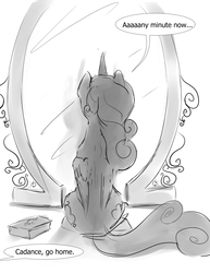Size: 1530x1980 | Tagged: safe, artist:silfoe, princess cadance, twilight sparkle, alicorn, pony, royal sketchbook, series:sciset diary, g4, description is relevant, dialogue, female, grayscale, magic mirror, mare, mirror, monochrome, offscreen character, rear view, simple background, sitting, solo, speech bubble, twilight sparkle (alicorn), waiting, white background