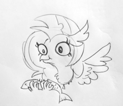 Size: 1593x1373 | Tagged: safe, artist:tjpones, silverstream, fish, hippogriff, g4, bust, chest fluff, dead, eating, female, grayscale, ink drawing, lineart, monochrome, simple background, solo, spread wings, traditional art, white background, wings, x eyes