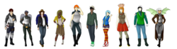 Size: 5896x1622 | Tagged: safe, artist:originalsoundtrack, oc, oc only, oc:blue bella, oc:cactus jackie, oc:hard rook, oc:jiā kē (nightshade), oc:may-bowl, oc:myra, oc:note, oc:red-stone, oc:sharp-shot, oc:uisge-beatha, human, fallout equestria, armor, barefoot, beanie, belt, bone, boots, bottle, bottlecap, bullet, clothes, coat, commission, converse, cowboy boots, cowboy hat, crossover, crown, dark skin, diversity, eye scar, fallout, fangs, feather, fedora, feet, female, flannel, foot wraps, freckles, glasses, gloves, hat, hockey mask, holster, hoodie, humanized, humanized oc, jacket, jeans, jewelry, male, mask, necklace, pants, pantyhose, plaid skirt, regalia, ripped pantyhose, scar, shoes, shorts, simple background, skirt, socks, stockings, striped socks, tattoo, thigh highs, torn clothes, white background, winged humanization, wings