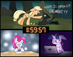 Size: 4800x3750 | Tagged: safe, artist:heir-of-rick, applejack, pinkie pie, twilight sparkle, changeling, daily apple pony, g4, 24, baked bads, computer, food, laptop computer, mouth hold, muffin, speech bubble