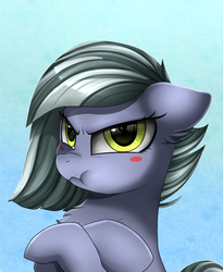 Size: 1446x1764 | Tagged: safe, artist:pridark, limestone pie, earth pony, pony, g4, blushing, bust, chest fluff, commission, cute, female, limabetes, limetsun pie, mare, portrait, pouting, scrunchy face, solo, tsundere
