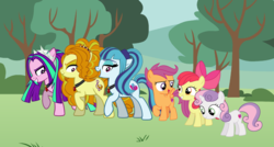 Size: 1752x936 | Tagged: safe, artist:3d4d, artist:dragonmaster137, artist:scootaloooo, artist:sketchmcreations, adagio dazzle, apple bloom, aria blaze, scootaloo, sonata dusk, sweetie belle, earth pony, pony, g4, cutie mark crusaders, equestria girls ponified, gem, it's a trap, ponified, siren gem, the dazzlings, this will not end well