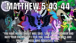 Size: 1200x675 | Tagged: safe, edit, discord, gilda, king sombra, lord tirek, mane-iac, nightmare moon, nightmare rarity, queen chrysalis, starlight glimmer, alicorn, changeling, changeling queen, draconequus, pony, unicorn, g4, 1000 years in photoshop, antagonist, bad edit, bible verse, black background, christianity, colored sclera, ethereal mane, female, full moon, male, mare, mare in the moon, moon, religion, simple background, spread wings, stallion, starry mane, text, wings