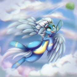 Size: 3000x3000 | Tagged: safe, artist:igazella, fleetfoot, pegasus, pony, g4, ball, clothes, cloud, female, flying, goggles, high res, solo, tongue out, uniform, wonderbolts uniform, wrong eye color