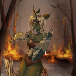 Size: 1000x1000 | Tagged: safe, artist:alicesmitt31, oc, oc only, changeling, anthro, angry, anthro oc, blurry background, changeling oc, claws, curved horn, digital art, female, fire, horn, jewelry, looking at you, necklace, signature, solo, sword, weapon, ych result