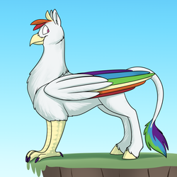 Size: 1000x1000 | Tagged: safe, artist:foxenawolf, oc, oc only, classical hippogriff, hippogriff, fanfic:cosmic lotus, colored wings, fanfic art, hooves, male, multicolored wings, parent:rainbow dash, rainbow tail, rainbow wings, solo, tail tuft