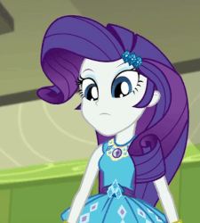 Size: 649x720 | Tagged: safe, screencap, rarity, driving miss shimmer, equestria girls, g4, my little pony equestria girls: better together, my little pony equestria girls: choose your own ending, animated, animated screencap, belt, bracelet, clothes, cropped, cute, cutie mark on clothes, eyeshadow, female, frilly design, geode of shielding, gif, grin, hairpin, jewelry, magical geodes, makeup, pendant, raribetes, rarity peplum dress, sleeveless, smiling, solo, talking, tank top