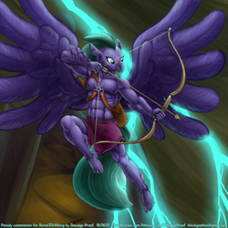 Size: 1999x2001 | Tagged: safe, alternate version, artist:smudge proof, seaspray, classical hippogriff, hippogriff, anthro, plantigrade anthro, g4, my little pony: friendship is magic, school daze, abs, armpits, arrow, bow (weapon), bow and arrow, clothes, commission, large wings, lightning, male, muscles, nipples, nudity, partial nudity, solo, spread wings, topless, weapon, wings