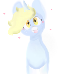 Size: 863x1080 | Tagged: safe, alternate version, artist:nootaz, oc, oc only, oc:nootaz, pony, unicorn, :3, :p, blush sticker, blushing, cute, female, freckles, head tilt, heart, light, looking at you, mare, ocbetes, silly, simple background, smiling, solo, tongue out, white background