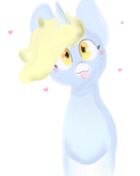 Size: 863x1080 | Tagged: safe, alternate version, artist:nootaz, oc, oc only, oc:nootaz, pony, unicorn, :3, :p, blush sticker, blushing, cute, female, freckles, head tilt, heart, looking at you, mare, ocbetes, silly, simple background, smiling, solo, tongue out, transparent background